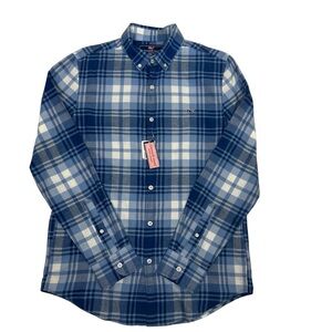 Vineyard Vines Slim Fit Whale Button Down Plaid Shirt Men’s Blue Cotton Flannel